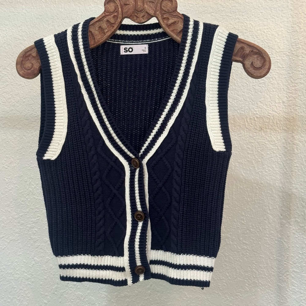 SO Women's V-Neck Sweater Vest in Navy and White